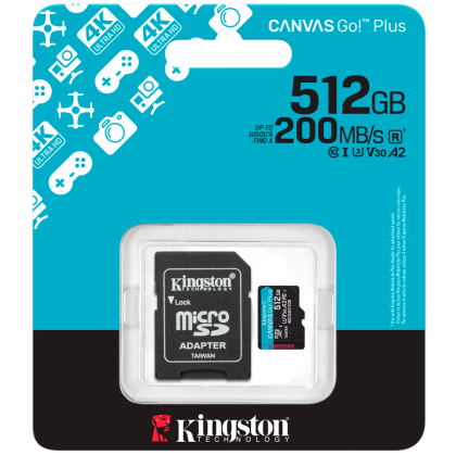 Kingston 512GB microSDXC Canvas Go Plus Gen4 200MB/s A2 U3 V30 Card + Adapter