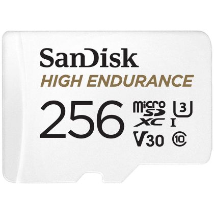 SANDISK High Endurance microSDXC 256GB + SD Adapter - for dash cams & home monitoring, up to 20,000 Hours, Full HD / 4K videos, up to 100/40 MB/s Read/Write speeds, C10, U3, V30