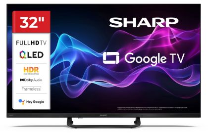 Телевизор Sharp 32HF3865E, 32" QLED Google TV, FHD 1920x1080 Frameless, 1 000 000:1, DVB-T/T2/C/S/S2, HDR10, Speaker 2x8W, Dolby Digital, Google Cast, 3xHDMI (ARC/CEC), CI+, 3.5mm Headphone jack / line-out, lan, 2xUSB, Wi-Fi, Bluetooth, Mini Composite, E,