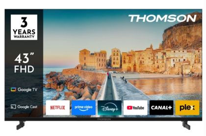 Телевизор Thomson 43" FHD Google TV; 1920 x 1080 (FHD), DLED, 60 Hz, HDR10, Dolby Audio, Google Cast, DVB-T/T2/C/S/S2, Wi-Fi, Bluetooth, LAN, HDMI 3 (1.4), USB 2 (2.0), Hotel mode, Side Feet, Black