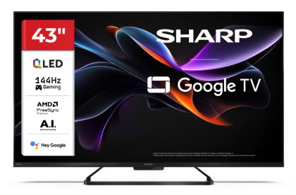 Телевизор Sharp 43HR7265E, 43" QLED Google TV, 144 Hz, 4K Ultra HD 3840x2160 Frameless, AQUOS, DVB-T/T2/C/S/S2, Active Motion 1400, HDR10, Dolby Atmos, Dolby Vision, DTS:X, Google Assistant, Google Cast, HDMI 2.1 with eARC, VRR, 3.5mm Headphone jack / lin