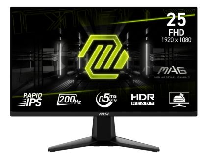 Монитор MSI MAG 255F E20, 24.5", 0.5ms, 200Hz, Rapid IPS, 1920x1080 (FHD), 16:9, AMD FreeSync Premium, 79% DCI-P3, AG, HDR Ready, 300 nits, 1000:1, DCR 100M:1, DP(1.2a), 2xHDMI 2.0b, Tilt, VESA, Black, 3.24kg