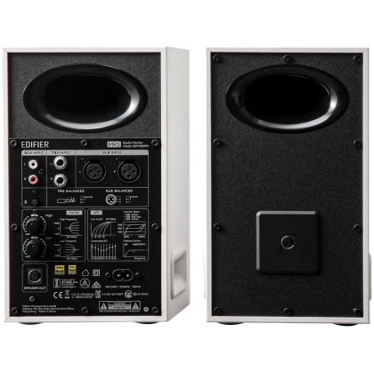 Edifier MR5 Active Studio Monitors (Tri-amped), BT V6.0, Balanced XLR, Balanced TRS, RCA and AUX, which headphone output, 5-inch woofers, 3.75-inch mid-range drivers, and 1-inch silk dome tweeters, 110W (RMS), Room Acoustic Compensation, White