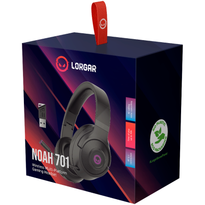 Lorgar Noah 701, gaming headset with microphone, 2.4G+ BT 5.0 Realtek 8763, battery 1000mAh, type-C charging cable 0.8m, audio cable 1.5m, size:195*185*80mm, 0.28kg. Black