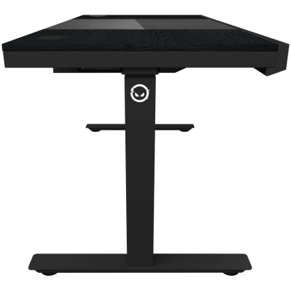 Dual-motor sit/stand adjustable-height gaming desk with built-in PC case, wireless charger, RGB lighting, control panel, and USB ports, PB melamine surface tabletop, black.
