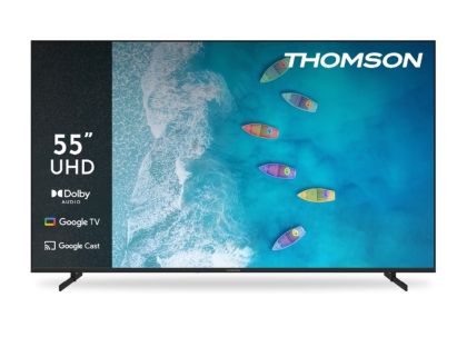 Телевизор Thomson 55" UHD Google TV; 3840 x 2160 (4K UHD), DLED, 60 Hz, Dolby Audio, Google Cast, DVB-T/T2/C/S/S2, HDR10,  Wi-Fi, Bluetooth, LAN, HDMI 3 (2.1), USB 2 (2.0), AV IN, Hotel mode, Side Feet, Black