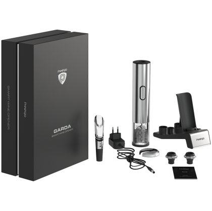 Prestigio Garda, smart wine opener, simple operation with 2 buttons, aerator, vacuum stopper preserver, foil cutter, opens up to 50 bottles wihout recharging, premium design, 500mAh battery, Dimensions D 17mm* H 290mm* W100 mm, silver color.