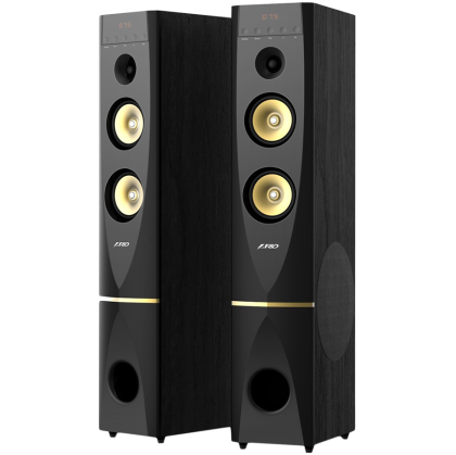 F&D T-88X 2.0 Floorstanding Speakers, 300W RMS (150x2), 1'' Tweeter + 5.25'' Speaker + 10'' Subwoofer for each channel, BT 4.2/HDMI/Optical/Coaxial/AUX/USB/FM/Karaoke function/LED Display/Remote Control/Microphone included/Wooden/Black
