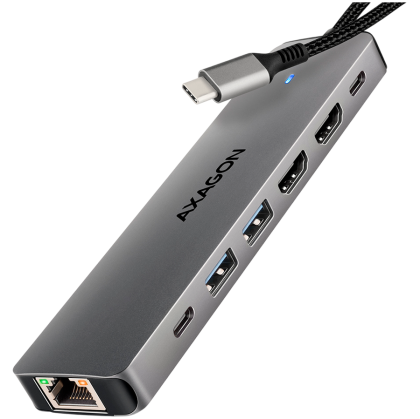 AXAGON HMC-7HX2 USB-C 3.2 Gen 1 hub, 2x USB-A + 1x USB-C, 2x HDMI 4K 60Hz, GLAN, PD 100W, 15cm USB-C cable