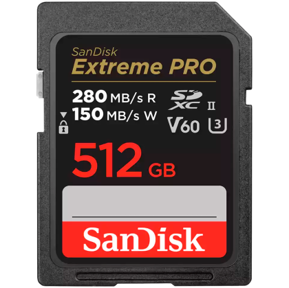 SANDISK Extreme PRO 512GB V60 UHS-II SD cards, 280/150MB/s,V60,C10,UHS-II