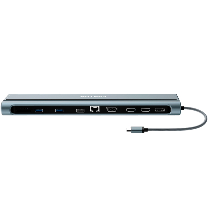 CANYON DS-90, 14 in 1 hub, with Type C female *2,Type C male *1:max 10Gbps,USBA*3:max 10Gbps,DP*1，VGA*1,SD card slot*1,TF card slot*1,Audio 3.5 audio*1,HDMI*2,RJ45*1,cable length 0.20m,Aluminum alloy housing,76*22.5*301mm,Dark grey
