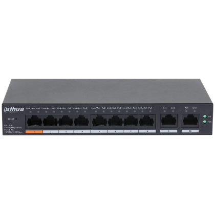 Dahua 10-Port Cloud Managed Desktop PoE Switch, 8x PoE 100 Mbps, Port 1 - 60W, Port 2-8 - 30W, total 60W, 2x uplink 1 Gbps.