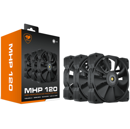COUGAR MHP 120 Black (3 Fan Pack), 120mm 4-pin PWM fan, 600-2000RPM, HDB Bearing, Anti-vibration Dampers, Extension Cable + Low-Noise Adapter, Case + Radiator screws, 82.48 CFM, 4.24mm H20, 34.5 dBA (Max)