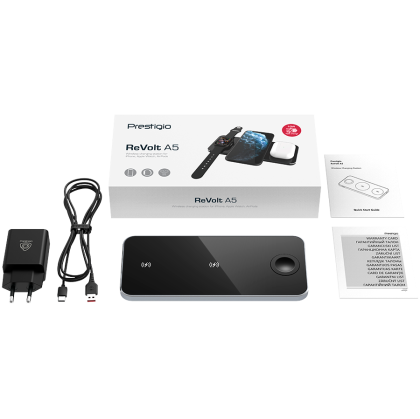 Prestigio ReVolt A5, 3-in-1 wireless charging station for iPhone, Apple Watch, AirPods, wilreless output for phone 7.5W/10W, wireless output for AirPods 5W, wireless output for Apple Watch 2.5W, material: aluminum+tempered glass, black+space grey color.