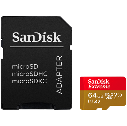 SANDISK Extreme microSDXC 64GB for Action Cams and Drones + SD Adapter + 1 year RescuePRO Deluxe up to 170MB/s & 80MB/s Read/Write speeds A2 C10 V30 UHS-I U3