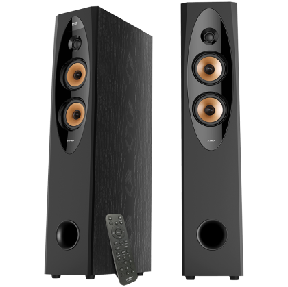 F&D T-60X 2.0 Floorstanding Speakers, 110W RMS ( 55Wx2), 1'' Tweeter + 4'' Speaker + 8'' Subwoofer for each channel, BT/NFC/Optical/AUX/USB/FM/Karaoke function/LED Display/Remote control/Microphone/Wooden, Black