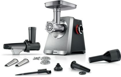 Месомелачка Bosch MFWS835M, SER8, Meat mincer, Blocking power: 2500W, 4,5 kg/min, 10-year motor, dishwasher safe, tomato press, kebbe att., sausage att., silver black