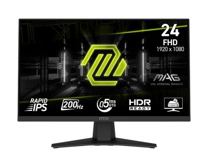 Монитор MSI MAG 244F Gaming Monitor, 23.8", 0.5ms, 200Hz Rapid IPS, 1920x1080, AMD FreeSync Premium, AI Vision, Console Mode, HDR Ready, 300nits AG, 1.07B, 1000:1, 100M:1, DP(1.2a), HDMI(2.0b), Headphone out, Tilt, VESA 100, Black, 2.9kg