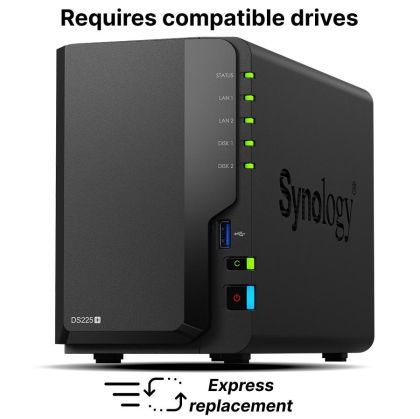 Мрежов сторидж Synology DS225+, за 2 диска, Intel Celeron J4125 , 2GB DDR4 SODIMM