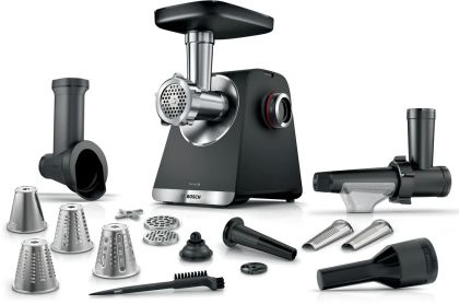 Месомелачка Bosch MFWS660B, SER6, Meat mincer - MultiPower 2100 W, Planetary gearbox, 3,5 kg/min, kebbe attachment, sausage attachment, fruit press attachment, shredding attachment, reverse function, Black