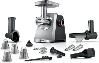 Месомелачка Bosch MFWS860M, SER8, Meat mincer, Blocking power: 2500W, 4,5 kg/min, 10-year motor, dishwasher safe, tomato press, 4 grating discs, kebbe att., sausage att., silver black