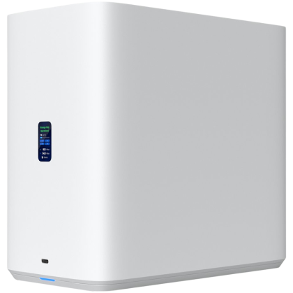 Ubiquiti UniFi UNAS-4-W-EU Network Attached Storage with (4) 2.5/3.5" HDD bays, (2) M.2 NVMe SSD cache slots, 2.5 GbE networking, USB-C connectivity, and an included PoE+++ adapter, all in a compact footprint