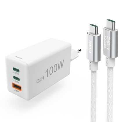 HAMA Комплект Бързо зарядно и кабел за зареждане, 100 W GaN, 2x USB-C PD, 1x USB-A QC
