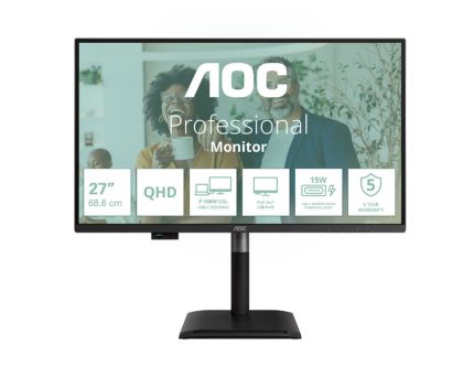 Монитор AOC Q27P4CV, 27" IPS WLED, 2560x1440@120Hz, 4ms GtG, 350cd m/2, 1500:1, 50M:1 DCR, Adaptive Sync, FlickerFree, Anti-Blue Light, 2Wx2, Tilt, Height Adjust, Pivot, Swivel, HDMI, DP, USB hub, RJ45