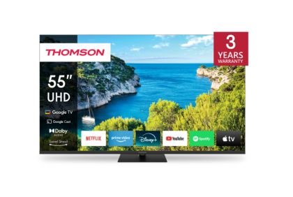 Телевизор Thomson Smart UHD TV 55"; Google TV; 3840 x 2160 (4K UHD), 4000:1, DLED, 60 Hz, DVB-T/T2/C/S/S2, HDR10, Wi-Fi, Bluetooth, LAN, HDMI 2 (2.0) + 2 (2.1), USB 2 (2.0) + 1 (3.0),Central Swivel Stand, Black