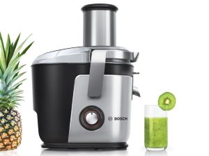 Сокоизстисквачка Bosch MES4010, Centrifugal juicer 1200 W, 3 speeds, 3 lt pulp container, 1.5 ltr juice container & foam separator, XXL feeding tube (84 mm), ceramic knife, electropolished stainless steel sieve, die-cast aluminum body and clamps, juice ou
