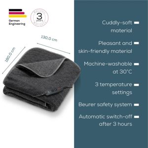 Термоподложка Beurer HD 65 Dark Grey Heated Overblanket; Soft and cuddly surface; 3 temperature;auto switch-off 3 hours; removable switch; washable at 30°, Oko-Tex 100; 180(L)x130(W)cm