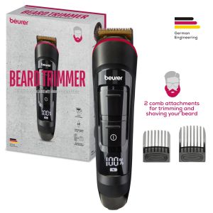 Машинка за подстригване Beurer MN4X beard styler, 2 Attachments, slim titanium contour blade, Battery and mains operation, LED display, 10 cutting lengths, 2 comb attachments with length adjustment: 3-7 and 8-12 mm,Water-resistant