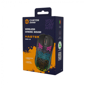 Canyon 7keys Gaming 2.4G wireless mouse, KA8 sensor, DPI up to 1600, rubber coating on panel, Huano 1million switch, 45cm PVC cable, ABS material. 400mAh battery, size: 125.8*63.7*41mm, weight: 95g, Black