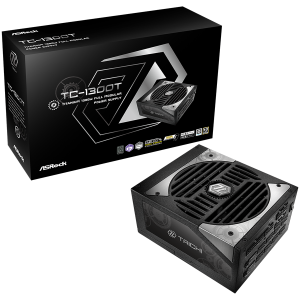 Asrock TC-1300T, 1300W, 80 Plus Titanium, Fully Modular PSU, Japanese Capacitors, 2x EPS 12V CPU(4+4pin), 2x PCIe5.1 (12+4pin), 8x PCIe (6+2pin), 3x 4-pin connectors, 9x SATA, OCP, SCP, OVP, UVP, OTP, OPP protections, 135 mm Axial Fan, ATX 3.1