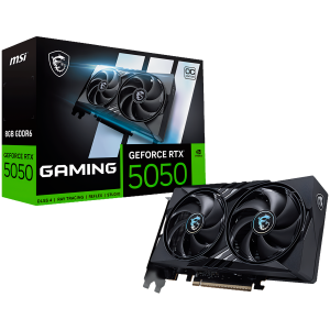 MSI Video Card NVIDIA GeForce RTX 5050 8G GAMING OC, 8GB GDDR6, 128-bit, 2647 MHz Boost, 2560 CUDA Cores, PCIe 5.0 (x8), 3x DP 2.1b, HDMI 2.1b, RAY TRACING, Dual Fan, 130W TDP, 8-pin PCIe Power, G-SYNC, 2-Slot, 3Y