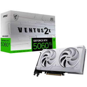 MSI Video Card NVIDIA GeForce RTX 5060 Ti 8G VENTUS 2X OC WHITE PLUS, 8GB GDDR7, 128-bit, 2617 MHz Boost, 4608 CUDA Cores, PCIe 5.0 (x8), 3x DP 2.1b, HDMI 2.1b, RAY TRACING, Dual Fan, 180W TDP, 8-pin PCIe Power, G-SYNC, 2-Slot, 3Y