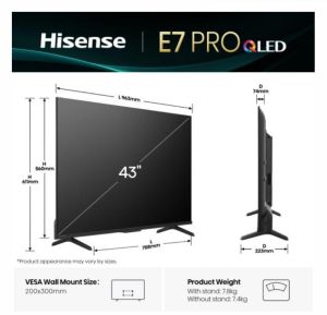 Телевизор Hisense 43" E7Q Pro, 4K Ultra HD 3840x2160, QLED, Quantum Dot, 144Hz, HDR 10+ adaptive, HLG, Dolby Vision, DTS Virtual X, Smart TV, WiFi 5GHz, WiFi Direct, BT, Anyview Cast, 3xHDMI, 2xUSB, LAN, CI+, DVB-T2/C/S2, Black