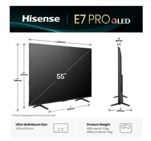 Телевизор Hisense 55" E7Q Pro, 4K Ultra HD 3840x2160, QLED, Quantum Dot, 144Hz, HDR 10+ adaptive, HLG, Dolby Vision, DTS Virtual X, Smart TV, WiFi 5GHz, WiFi Direct, BT, Anyview Cast, 3xHDMI, 2xUSB, LAN, CI+, DVB-T2/C/S2, Black