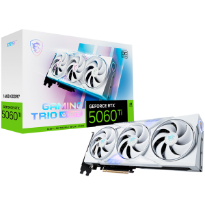 MSI Video Card NVIDIA GeForce RTX 5060 Ti 16G GAMING TRIO OC WHITE, 16GB GDDR7, 128-bit, 2662 MHz Boost, 4608 CUDA Cores, PCIe 5.0 (x8), 3x DP 2.1b, HDMI 2.1b, RAY TRACING, Triple Fan, 180W TDP, 16-pin PCIe 5.0 (12V-2x6), G-SYNC, 2.25-Slot, 3Y