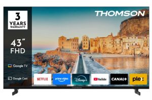 Телевизор Thomson 43" FHD Google TV; 1920 x 1080 (FHD), DLED, 60 Hz, HDR10, Dolby Audio, Google Cast, DVB-T/T2/C/S/S2, Wi-Fi, Bluetooth, LAN, HDMI 3 (1.4), USB 2 (2.0), Hotel mode, Side Feet, Black