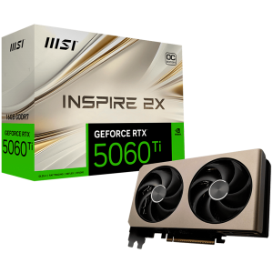 MSI Video Card NVIDIA GeForce RTX 5060 Ti 16G INSPIRE 2X OC, 16GB GDDR7, 128-bit, 2617 MHz Boost, 4608 CUDA Cores, PCIe 5.0 (x8), 3x DP 2.1b, HDMI 2.1b, RAY TRACING, Dual Fan, 180W TDP, 8-pin PCIe Power, G-SYNC, 2-Slot, 3Y