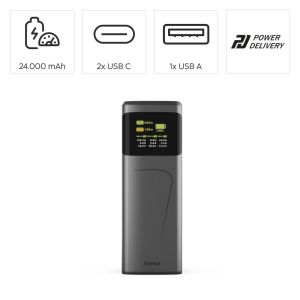 HAMA Външна батерия „High Power“, 200 W, 24000 mAh, 2x USB-C, USB-A, бързо зареждане