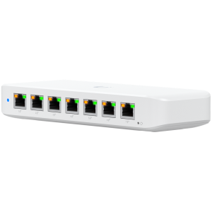 Ubiquiti USW-Ultra-210W-EU compact, Layer 2, 8-port GbE PoE switch with versatile mounting options, 7x GbE PoE+ output ports, GbE port with optional PoE++ input, 202W PoE availability with the included AC power adapter