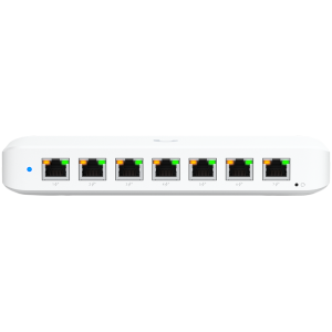 Ubiquiti USW-Ultra-210W-EU compact, Layer 2, 8-port GbE PoE switch with versatile mounting options, 7x GbE PoE+ output ports, GbE port with optional PoE++ input, 202W PoE availability with the included AC power adapter