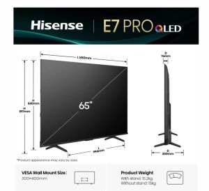 Телевизор Hisense 65" E7Q Pro, 4K Ultra HD 3840x2160, QLED, Quantum Dot, 144Hz, HDR 10+ adaptive, HLG, Dolby Vision, DTS Virtual X, Smart TV, WiFi 5GHz, WiFi Direct, BT, Anyview Cast, 4xHDMI, 2xUSB, LAN, CI+, DVB-T2/C/S2, Black