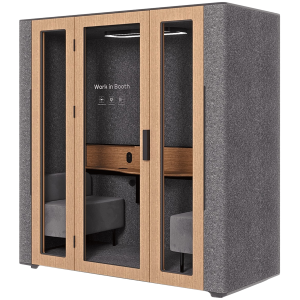 WorkBooth Two with Media hub integration spot, Blind back wall, Light grey felt, natural oak veneer, Jazz Graphite fabric for sofa