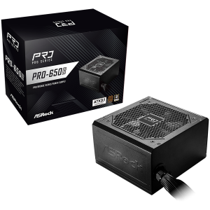 Asrock PRO-650B, 650W, 80 Plus BRONZE, Non Modular PSU, 1x EPS 12V CPU(4+4pin), 2x PCIe (6+2pin), 2x 4-pin connectors, 4x SATA, OCP, SCP, OVP, UVP, OTP, OPP protections, 120 mm Fan, ATX 3.1, 3Y warranty