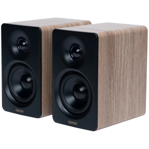 Edifier M60 Bookshelf Speakers, Bluetooth V5.3 (Hi-Res & Hi-Res Wireless), USB-C and 3.5 mm AUX inputs, 1-inch silk-dome tweeters  3-inch long-throw aluminum diaphragm mid-low drivers, 66 W (RMS), touch panel controls, Classic Oak