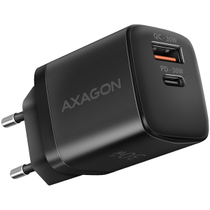 Axagon Sil wallcharger 2x port (USB-A + USB-C), PD3.0/QC4+/PPS/AFC/Apple. 30W total power.