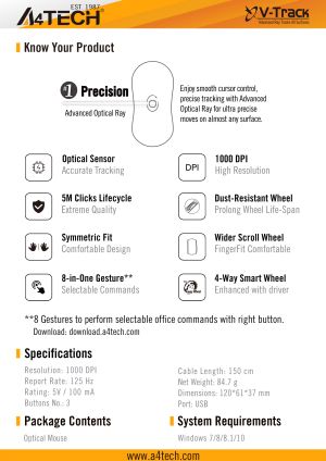A4tech OP-330S Оптична мишка V-Track, безшумен клик, 1000 dpi,USB черна